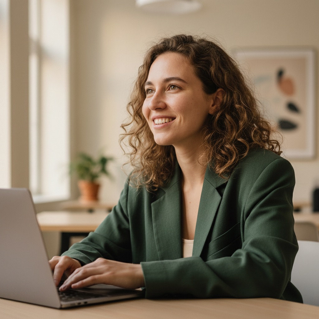 Lächelnde Person arbeitet am Laptop